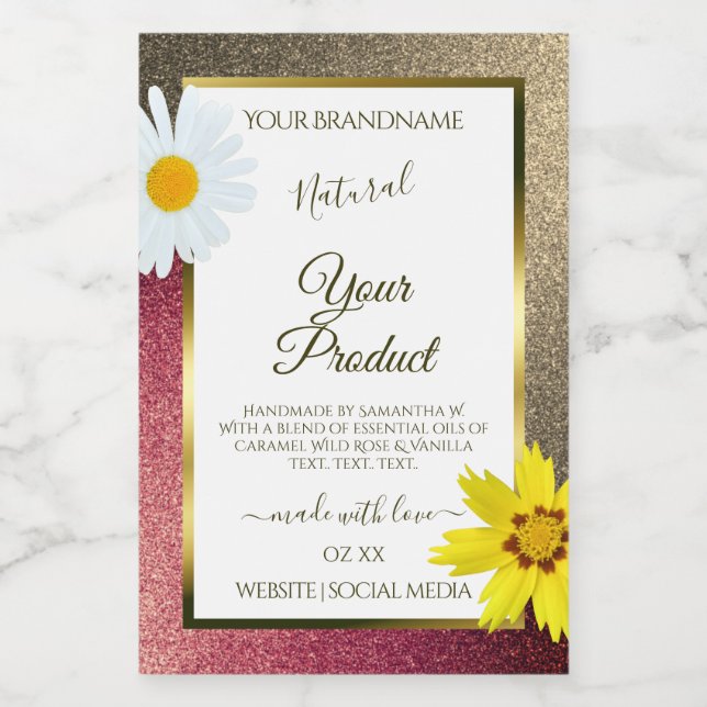 Floral Burgund Gold Glitter White Product Labels (Single Label)