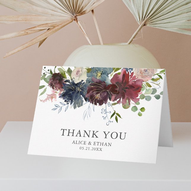 Floral Burgundy and Blue Wedding Thank You Card (Creator Uploaded)