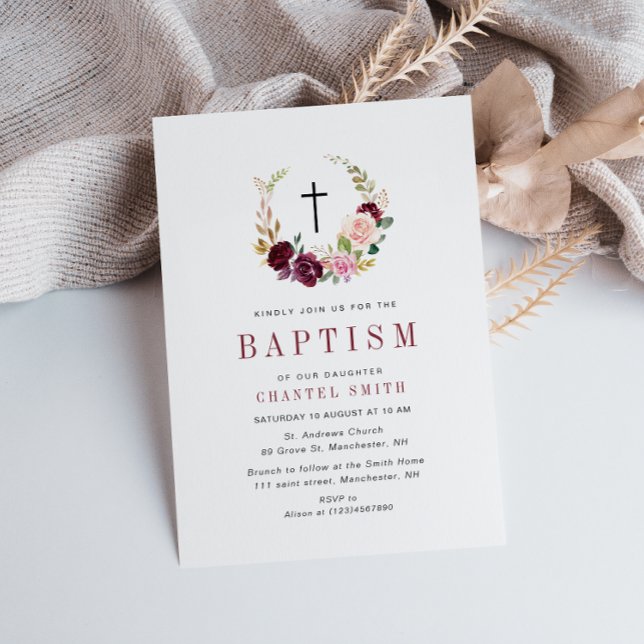 floral burgundy and blush baptism invitation (Creator Uploaded)