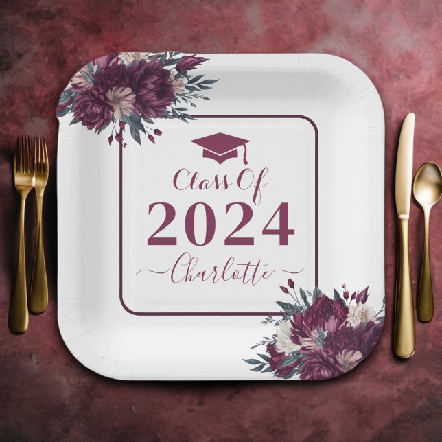 Floral Burgundy And Cream Graduation Class Of 2024 Paper Plate (Creator Uploaded)