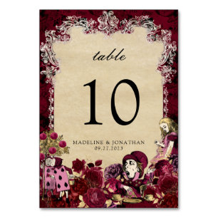 Floral Burgundy and Gold Alice in Worderland Table Number
