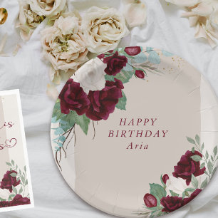 Floral Burgundy and Ivory Roses Personalised Paper Plate