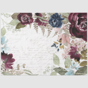 Floral Burgundy and Navy Script Ephemera Decoupage Tissue Paper