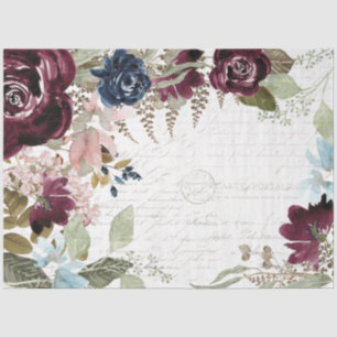 Floral Burgundy and Navy Script Ephemera Decoupage Tissue Paper