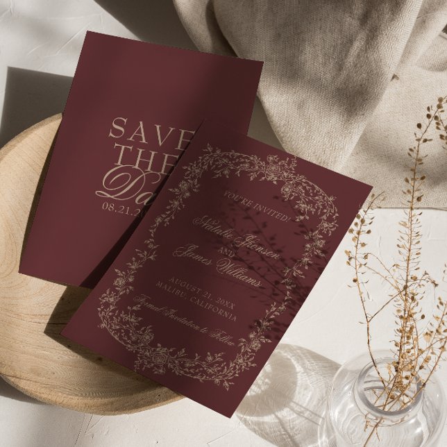 Floral Burgundy Beige Botanical Old Money Wedding Save The Date (Creator Uploaded)