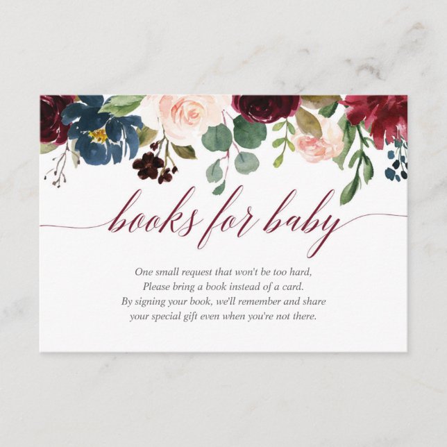 Floral burgundy blue girl baby shower book request enclosure card (Front)