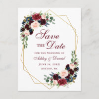 Floral Burgundy Blue Gold Frame Save the Date