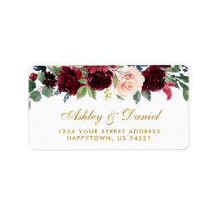 Floral Burgundy Blue Gold Wedding Address Label
