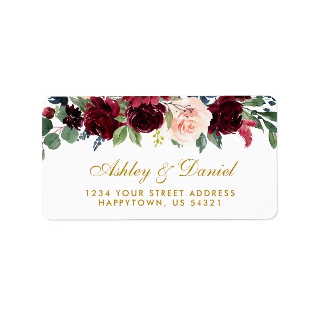 Floral Burgundy Blue Gold Wedding Address Label (Front)