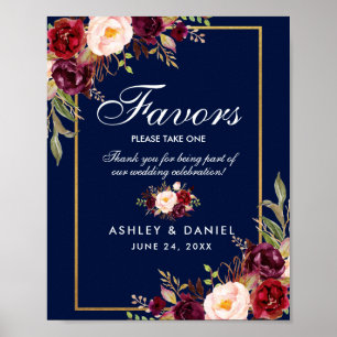 Floral Burgundy Blue Gold Wedding Favours Poster