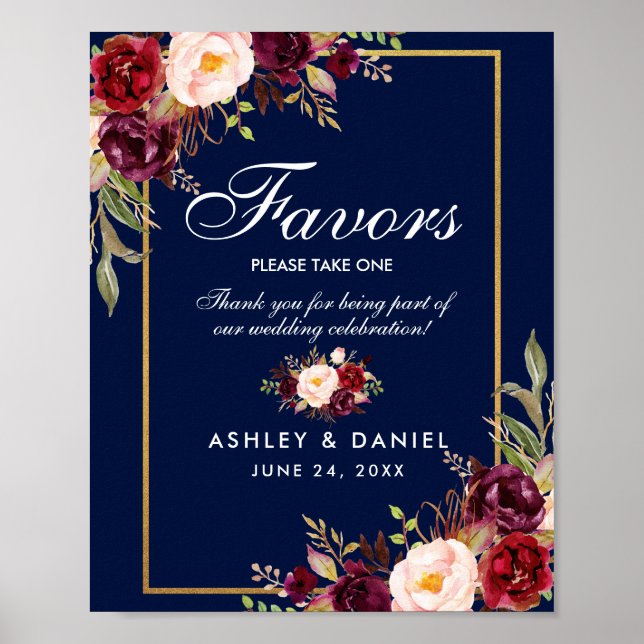 Floral Burgundy Blue Gold Wedding Favours Poster (Front)