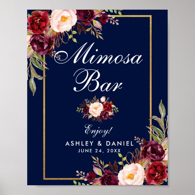 Floral Burgundy Blue Gold Wedding Mimosa Bar Poster (Front)