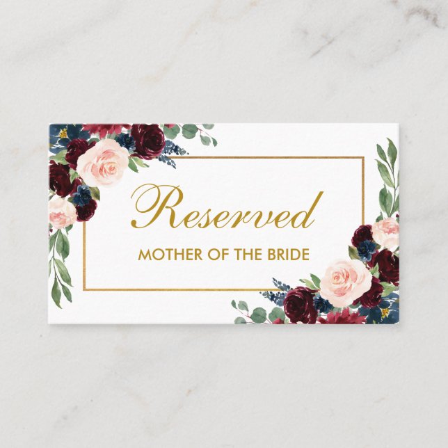 Floral Burgundy Blue Gold Wedding Reserved Name Place Card (Front)