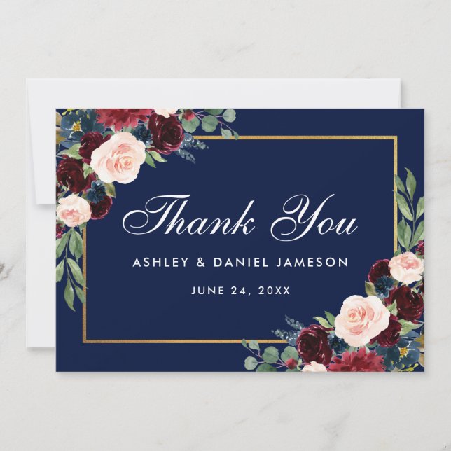 Floral Burgundy Blue Gold Wedding Thank You Card (Front)
