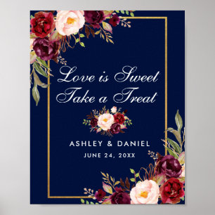 Floral Burgundy Blue Gold Wedding Treat Poster