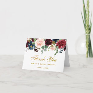 Floral Burgundy Blue Wedding Gold Thanks Note Card
