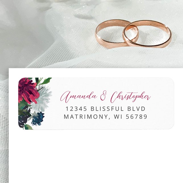 Floral Burgundy Blue Wedding Return Address Label (Creator Uploaded)