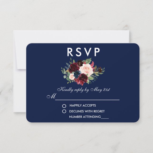Floral Burgundy Blue Wedding RSVP (Front)