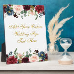 Floral Burgundy Blue Wedding Your Text Table Plaque<br><div class="desc">Watercolor Floral Burgundy Marsala Blue Gold Wedding Your Text Table Plaque</div>