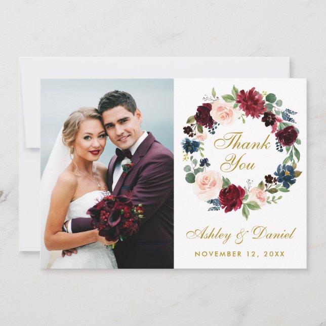Floral Burgundy Blue Wreath Wedding Gold Thanks W Thank You Card (Front)