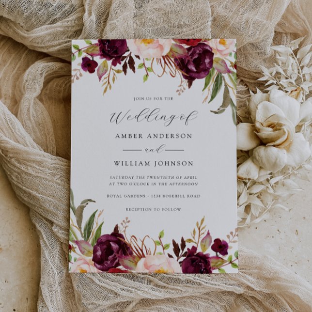 Floral Burgundy Blush Bloom Wedding   Invitation (Creator Uploaded)