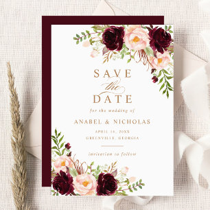 Floral Burgundy Blush Elegant Modern Save the Date Invitation