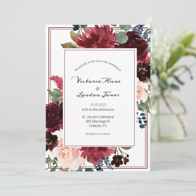 Floral Burgundy Blush Elegant Script Wedding Invitation (Standing Front)