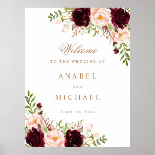 Floral Burgundy Blush Elegant Wedding Sign