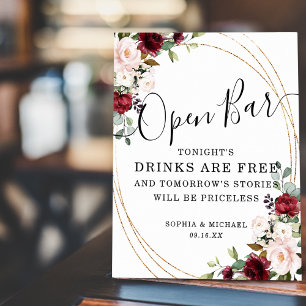Floral Burgundy Blush Floral Gold Frame Open Bar Poster