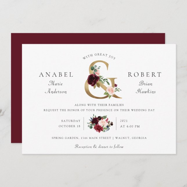 Floral Burgundy Blush Gold Ampersand Typography Invitation (Front/Back)