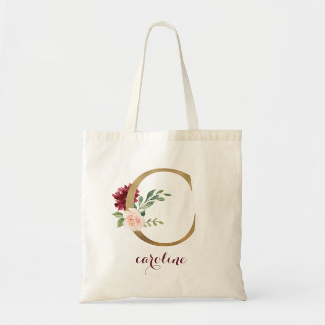 Floral Burgundy Blush Gold Monogram Letter "C" Tote Bag (Front)