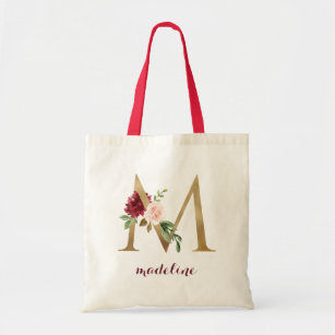 Floral Burgundy Blush Gold Monogram Letter "M" Tote Bag