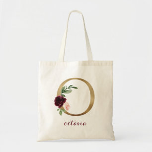 Floral Burgundy Blush Gold Monogram Letter "O" Tote Bag