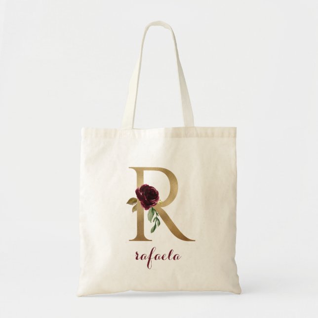 Floral Burgundy Blush Gold Monogram Letter "R" Tote Bag (Front)