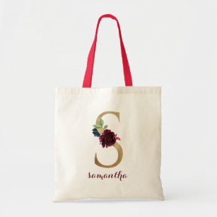 Floral Burgundy Blush Gold Monogram Letter "S" Tote Bag