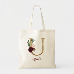 Floral Burgundy Blush Gold Monogram Letter "U" Tote Bag