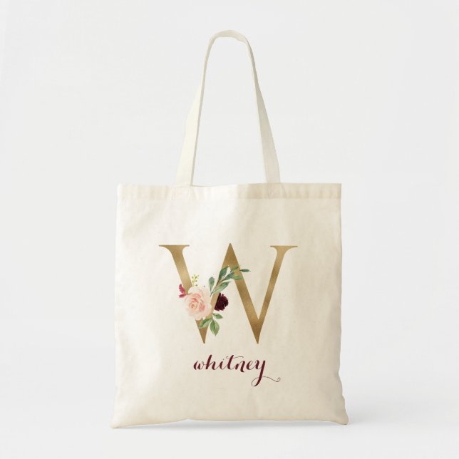 Floral Burgundy Blush Gold Monogram Letter "W" Tote Bag (Front)