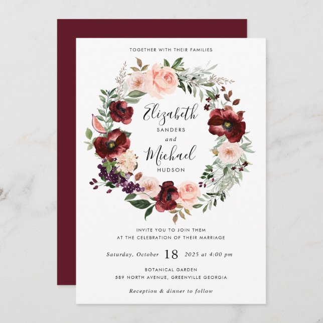 Floral Burgundy Blush Greenery Wreath Invitation (Front/Back)