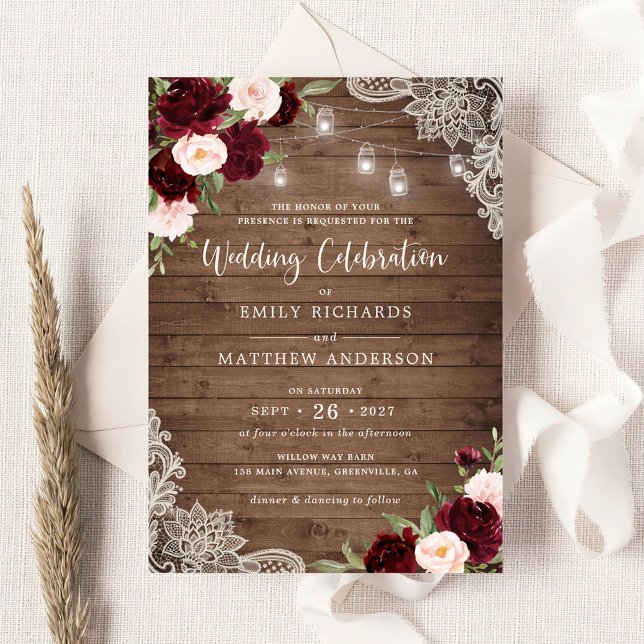 Floral Burgundy Blush Lace Wood String Lights Invitation (Creator Uploaded)