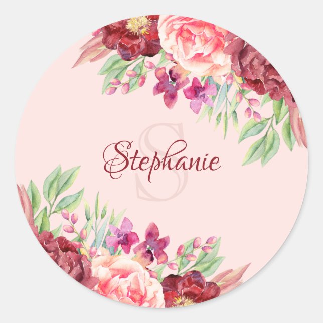 Floral Burgundy Blush Monogram Classic Round Sticker (Front)