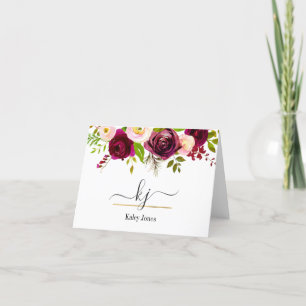 Floral Burgundy Blush Pink Botanical Monogram Note Thank You Card