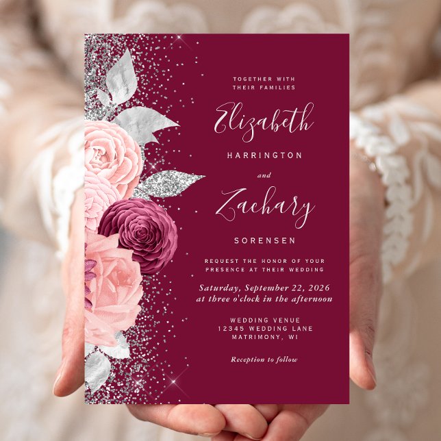 Floral Burgundy Blush Pink Silver Glitter Wedding Invitation (Creator Uploaded)