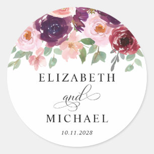 Floral Burgundy Blush Plum Watercolor Wedding Classic Round Sticker