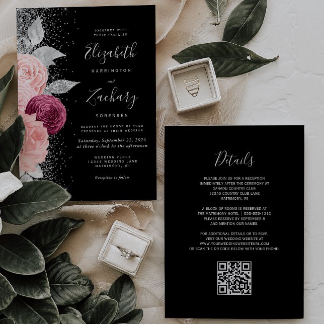 Floral Burgundy Blush Silver Black QR Code Wedding Invitation (Creator Uploaded)