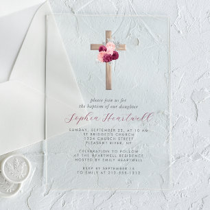 Floral Burgundy Blush Silver Cross Girl Baptism Acrylic Invitations