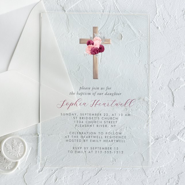 Floral Burgundy Blush Silver Cross Girl Baptism Acrylic Invitations (Creator Uploaded)
