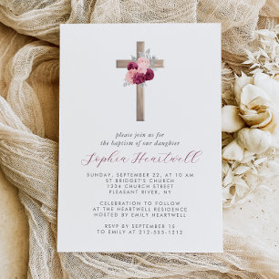 Floral Burgundy Blush Silver Cross Girl Baptism Invitation