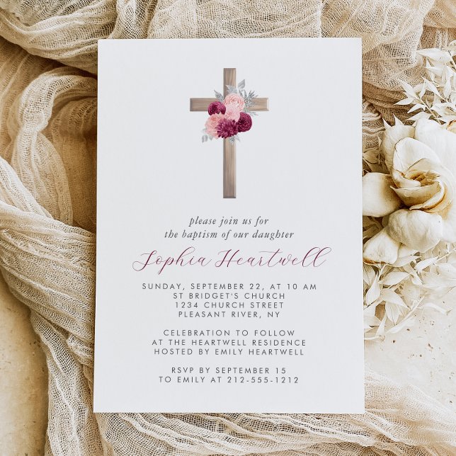 Floral Burgundy Blush Silver Cross Girl Baptism Invitation (Creator Uploaded)