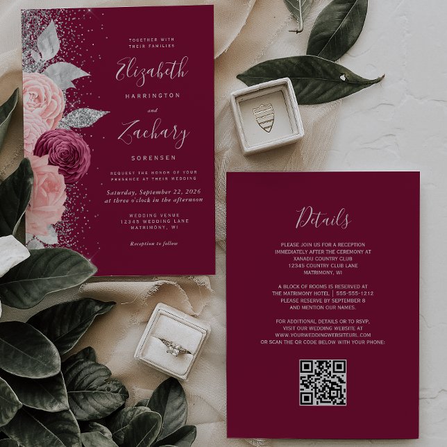 Floral Burgundy Blush Silver QR Code Wedding Invitation (Creator Uploaded)