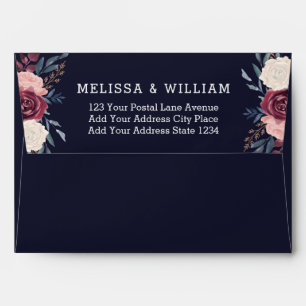Floral Burgundy Blush Wedding Return Address Navy Envelope